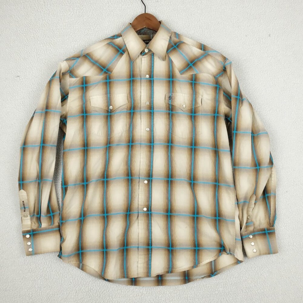 Stetson Shirt Mens Large Brown Blue Check Pearl Snap Western Long Sleeve Rancher